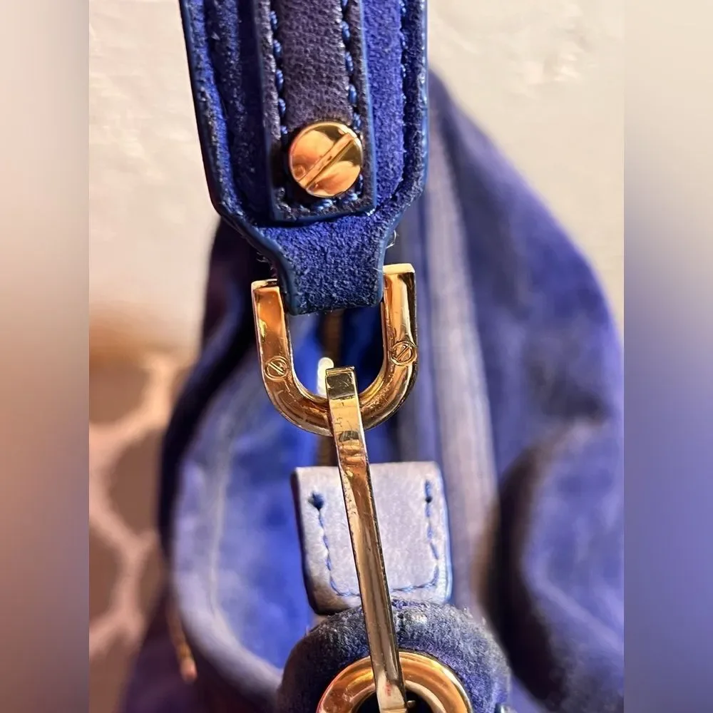 Tory Burch Suede Blue Hobo Bag leather trim gold tone hardware zip top classic